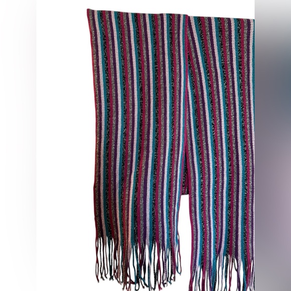 Cejon Colorful Striped Fringe Scarf beautiful metallic thread throughout - Picture 3 of 5